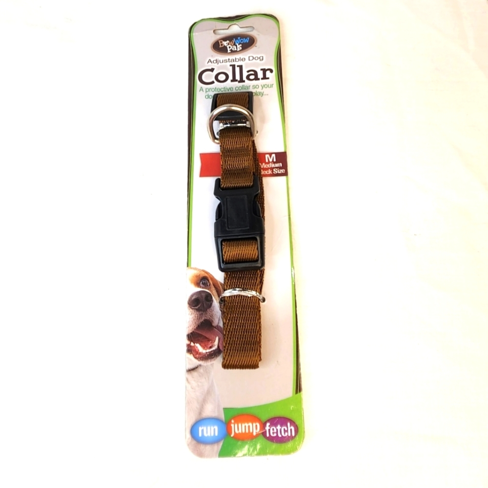 Bow Wow Pals 1" Wide Nylon Webbing Dog Collar Size Large Adjustable, Brown